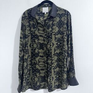 Addison Silk Button Up Shirt Size S Green Black Demask Bold Artsy Shirt Retro